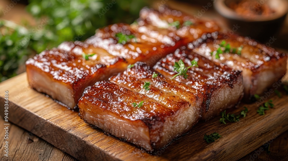Succulent Pork Belly Slices with Crispy Texture and Tangy Glaze Succulent Pork Belly Slices with Crispy Texture and Tangy Glaze