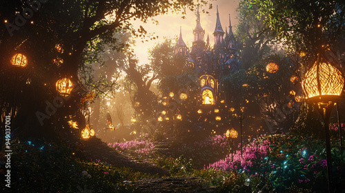 A CGI-created enchanted forest with glowing flora, magical creatures, and whimsical architecture, bathed in ethereal light  photo