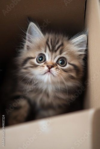 Adorable Fluffy Kitten in a Box - Cute Pet Photography