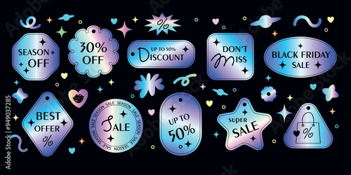 Holographic label discount, hologram sale stickers set, black Friday, shopping, vector