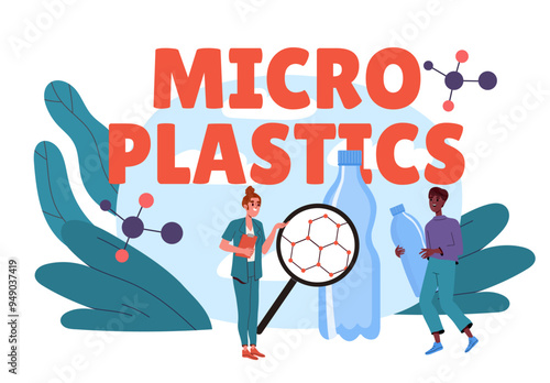 Micro plastics poster. Woman and man with magnifying glass research plastic bottle. Analysis of structure of atoms and molecules, chemical compounds. Flat vector illustration