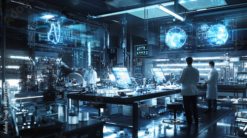 A CGI-created high-tech laboratory with advanced gadgets, holographic displays, and scientists working on futuristic experiments 