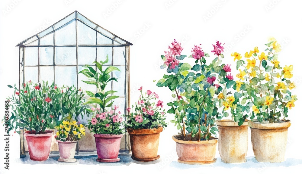 two different Watercolor painting of a greenhouse with potted plants and flowers, isolated on a white background two different Watercolor painting of a greenhouse with potted plants and flowers, isolated on a white background