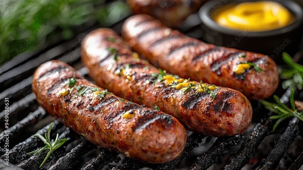 Sizzling Juicy Sausage Links on Grill with Rustic Mustard - Smoky and Hearty BBQ Delight Sizzling Juicy Sausage Links on Grill with Rustic Mustard - Smoky and Hearty BBQ Delight