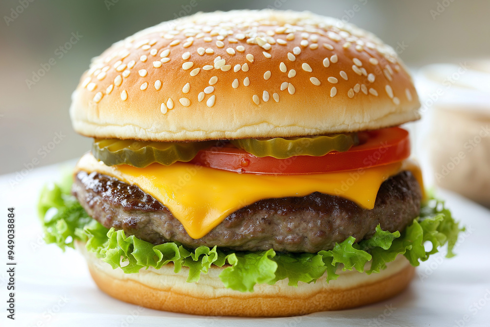Classic American cheeseburger with melted cheese, lettuce, tomato, pickles, and a sesame seed bun Classic American cheeseburger with melted cheese, lettuce, tomato, pickles, and a sesame seed bun