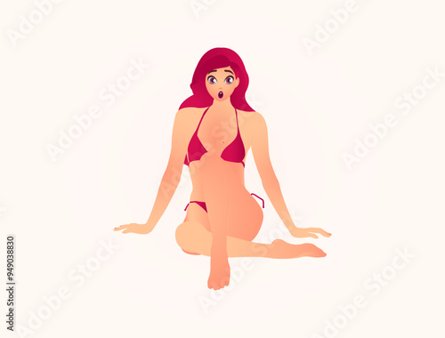 Beachside Surprise: A Playful Encounter with the Unexpected, cartoon female human figure, sitting on floor, pink hair, peach skin tone, wearing small pink bikini or underwear, simple flat color style