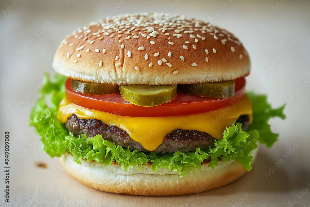 Classic American cheeseburger with melted cheese, lettuce, tomato, pickles, and a sesame seed bun Classic American cheeseburger with melted cheese, lettuce, tomato, pickles, and a sesame seed bun