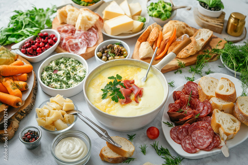 Luxurious cheese fondue with a variety of bread, vegetables, and meats for dipping