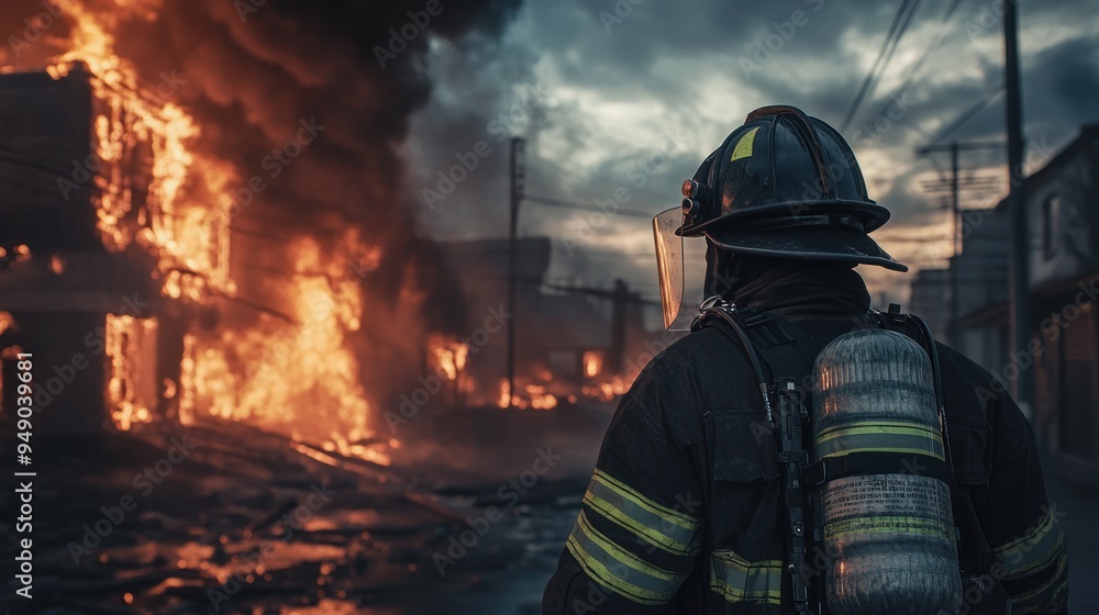 Naklejka premium Firefighter Facing Burning Building