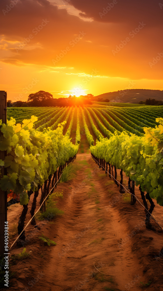 Fototapeta premium Aesthetically Captivating Vineyard: The Majestic Domain of Grapevines Under the Warm Hues of the Setting Sun
