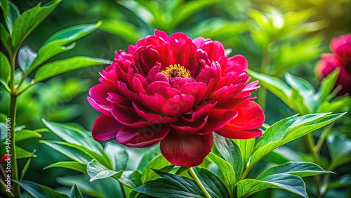 Delicate petals of a rare, velvety-red peony bloom unfold amidst lush greenery, showcasing intricate details and soft, natural lighting, evoking serenity and elegance. photo