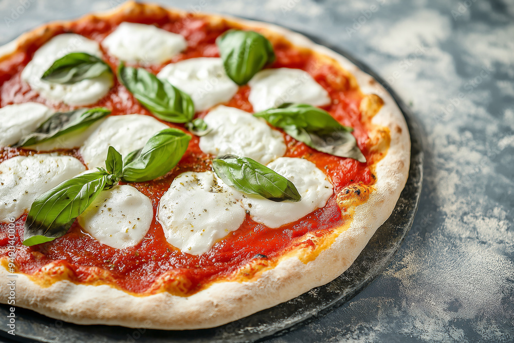 Traditional Italian pizza with thin crust, tomato sauce, mozzarella cheese, and fresh basil Traditional Italian pizza with thin crust, tomato sauce, mozzarella cheese, and fresh basil