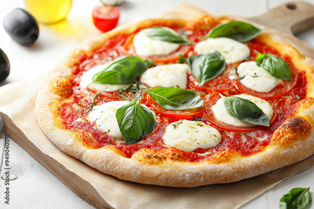 Traditional Italian pizza with thin crust, tomato sauce, mozzarella cheese, and fresh basil Traditional Italian pizza with thin crust, tomato sauce, mozzarella cheese, and fresh basil