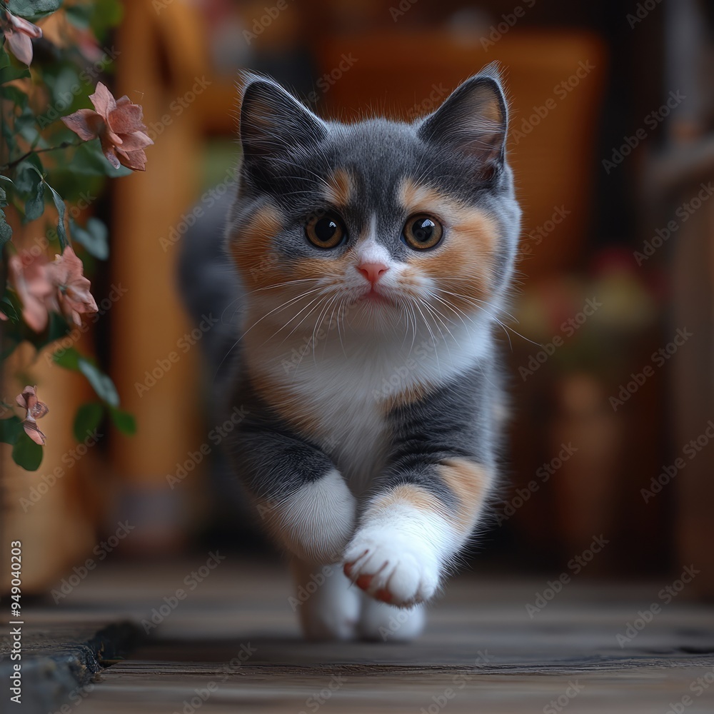 A playful calico kitten explores a charming garden path surrounded by blooming flowers on a sunny afternoon, capturing the essence of youthful curiosity and innocence A playful calico kitten explores a charming garden path surrounded by blooming flowers on a sunny afternoon, capturing the essence of youthful curiosity and innocence