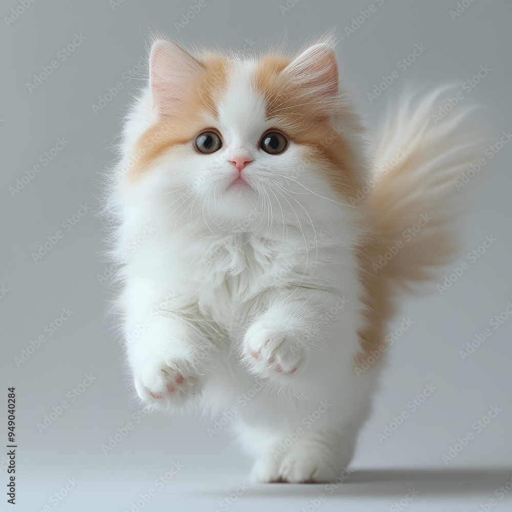 A playful fluffy kitten bounds across a minimalistic backdrop, showcasing its lively spirit in a light-filled setting