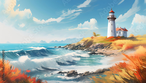 Coastal lighthouse watercolor illustrating a picturesque scene on a sunny day
