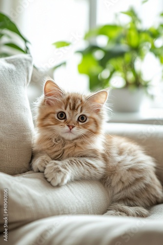 Adorable Fluffy Kitten Relaxing on Cozy Couch with Indoor Plants