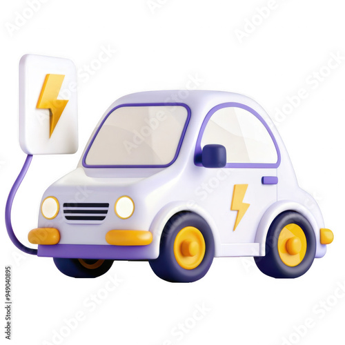 Electric car charging station 3D model accompanied by a vibrant cartoon styled car, showcasing a blend of modern design and functionality for electric vehicles.