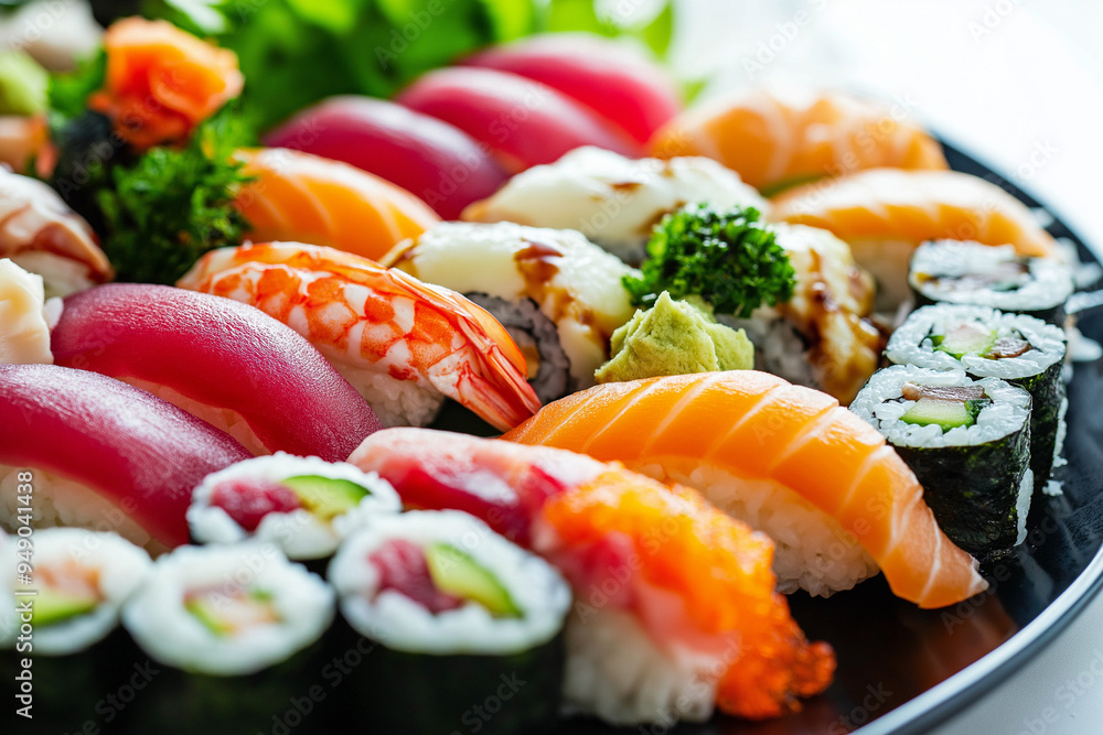 Gourmet sushi platter with vibrant fish, delicate rice, and intricate garnishes Gourmet sushi platter with vibrant fish, delicate rice, and intricate garnishes