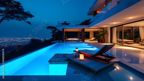 Moderne Villa mit Infinity-Pool bei Nacht photo