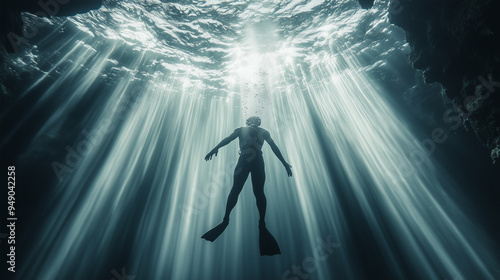 A deep-sea free diver, bathed in the ethereal light streaming from above, glides through the dark blue water, approaching an opening that leads to a mysterious cave shrouded in misty fog.