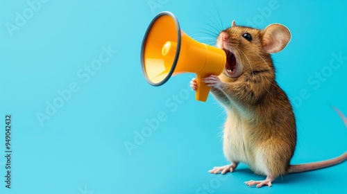 A mouse stands gripping a yellow megaphone and appears to be making a loud announcement on a vibrant blue backdrop with copy space