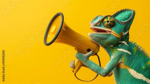Obraz A colorful chameleon wearing glasses enthusiastically uses a megaphone to capture attention on a vibrant yellow backdrop