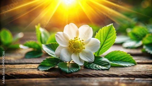 Delicate white flower with intricate yellow center and soft petals nestled among vibrant green leaves on a natural wooden background with warm sunlight filtering through. photo