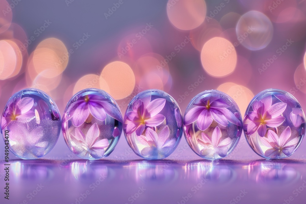 Purple Flowers Encapsulated in Glass Balls on a Pink Bokeh Background Purple Flowers Encapsulated in Glass Balls on a Pink Bokeh Background