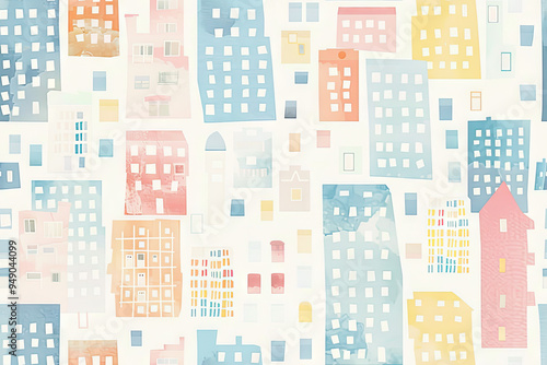 Children's seamless pattern with multi-storey buildings on a light background photo