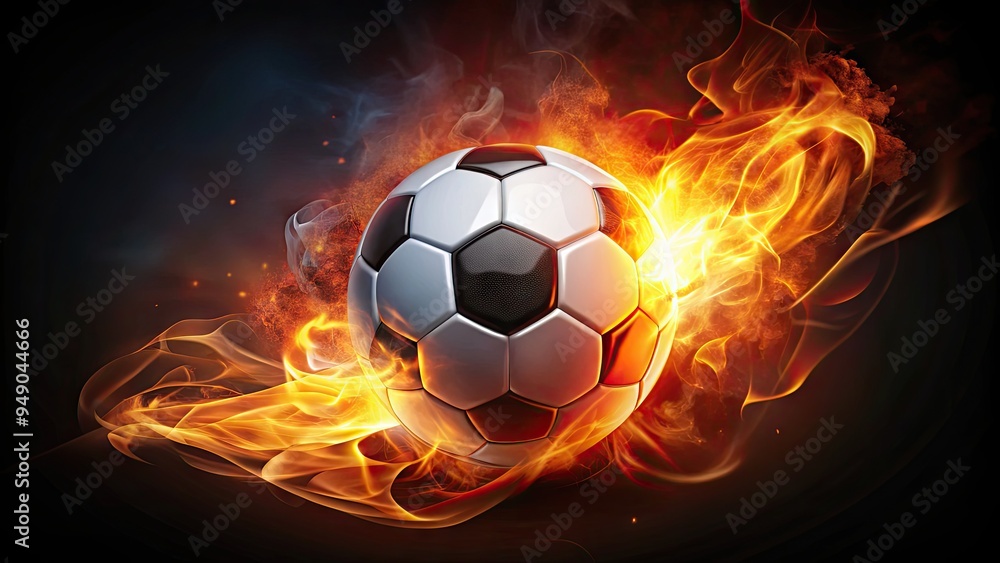 Fototapeta premium Flaming soccer ball with a bold, Modern logo emblazoned on its surface, set against a dark background, symbolizing passion, energy, and competitive spirit.