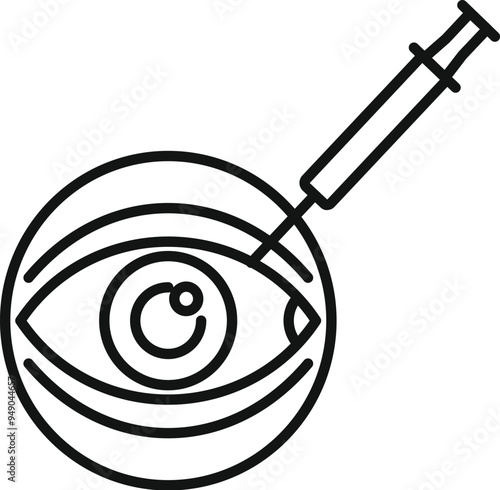 Simple vector icon of a syringe injecting a human eye, representing ophthalmology and eye treatment