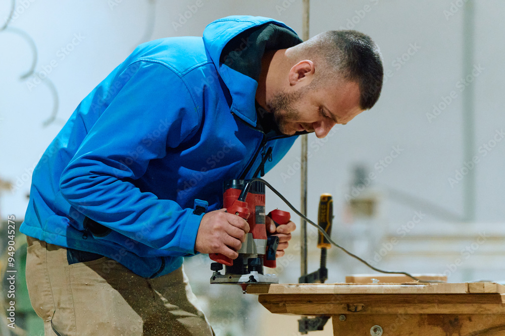 Close Up of Worker Carefully Cutting and Planing Wooden Pieces for Furniture in Wood Industry Close Up of Worker Carefully Cutting and Planing Wooden Pieces for Furniture in Wood Industry