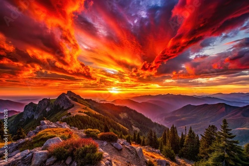 Dramatic sunsets on mountain ridges with fiery red skies photo