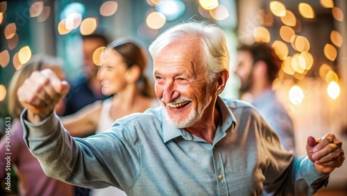 Elderly gentleman with grey hair and warm smile dancing with joyful abandon, lost in the rhythm, surrounded by blurred background and soft lighting. photo