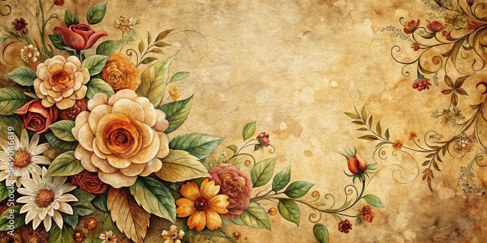 floraly intricate design on textured and rough paper background with charming vintage style and warm earthy colors and cozy rustic mood floraly intricate design on textured and rough paper background with charming vintage style and warm earthy colors and cozy rustic mood