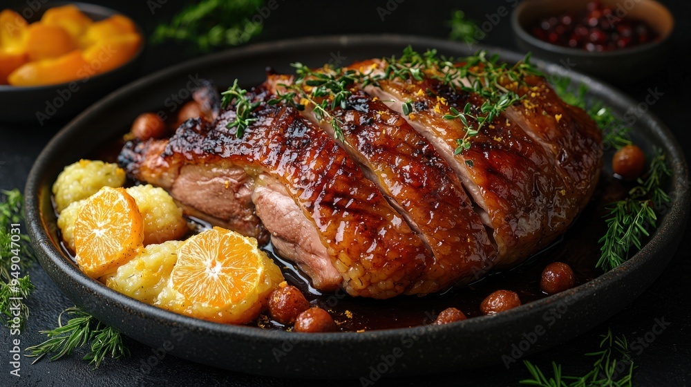 Gourmet Roasted Duck with Crispy Skin and Orange Glaze in Luxurious Setting Gourmet Roasted Duck with Crispy Skin and Orange Glaze in Luxurious Setting