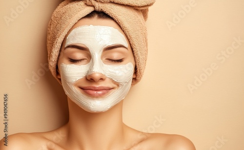 The young woman looks directly at the camera while wearing a facial mask and enjoying beauty treatments in a beige studio background. photo