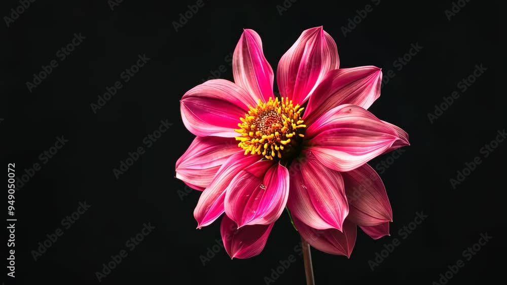 Pink dahlia flower on a black background, close-up view. Nature beauty and elegant simplicity concept. Pink dahlia flower on a black background, close-up view. Nature beauty and elegant simplicity concept.