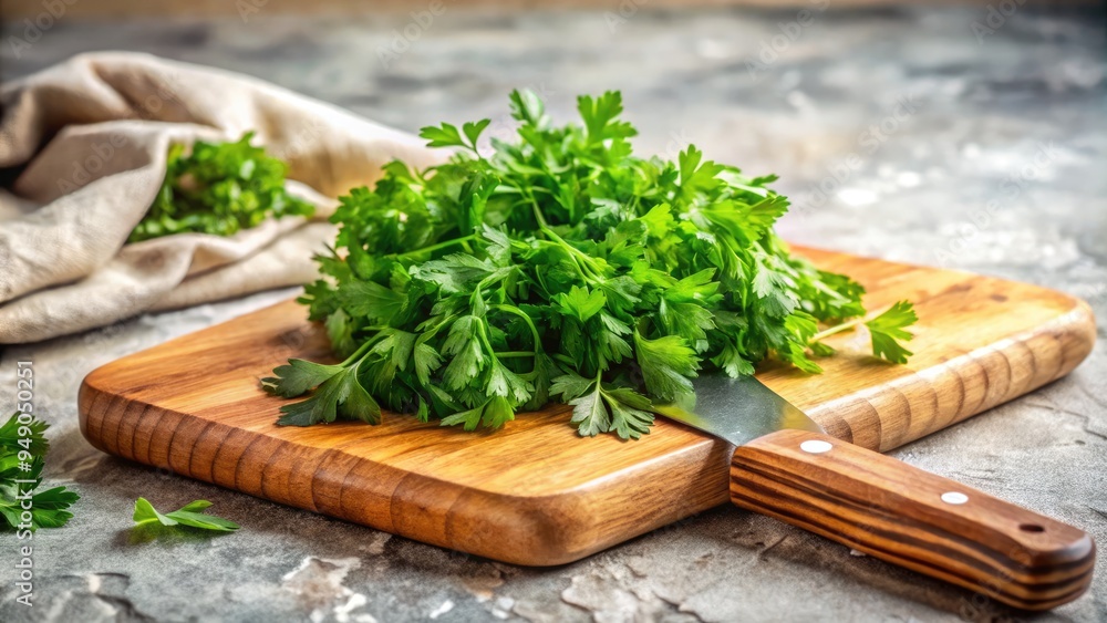 Freshly chopped Italian parsley sprigs overflow from a small, rustic wooden cutting board on a worn, creamy marble countertop in a cozy kitchen setting. Freshly chopped Italian parsley sprigs overflow from a small, rustic wooden cutting board on a worn, creamy marble countertop in a cozy kitchen setting.