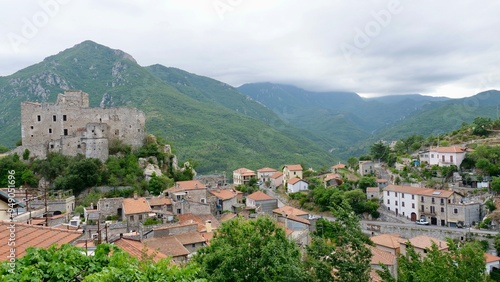 A beautiful medieval village in the Ligurian mountains called Castelvecchio di Rocca Barbena with stone buildings and cobblestone roads