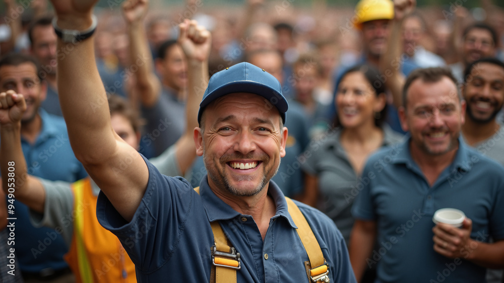 Labor Day concept. Workers crowd happily celebrating Labor Day with fits up symbology. Man closeup Labor Day concept. Workers crowd happily celebrating Labor Day with fits up symbology. Man closeup