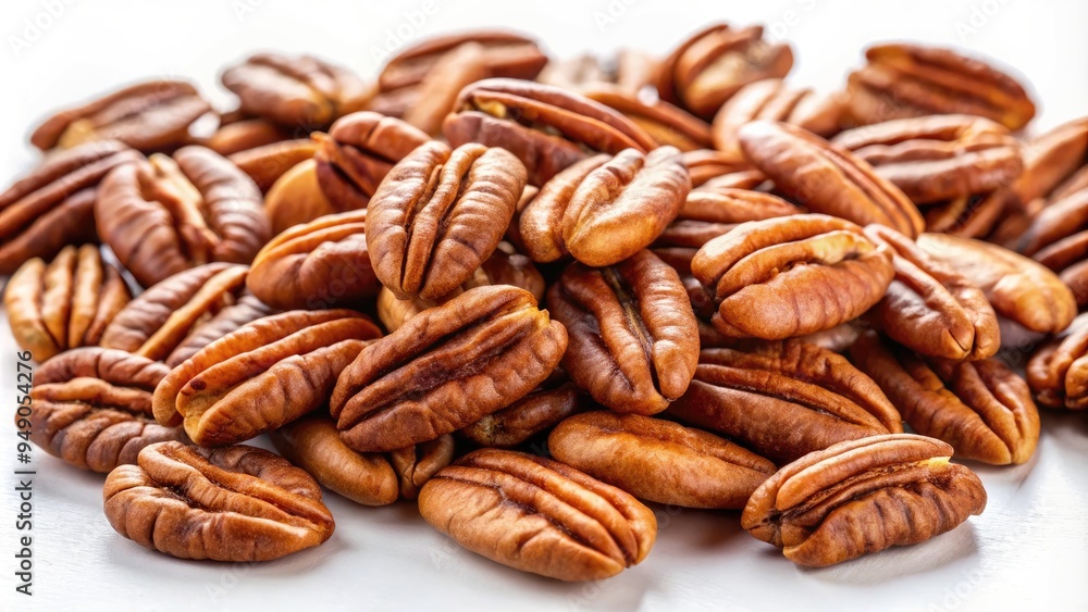Freshly shelled pecan halves scatter across a clean white background, showcasing their rich brown color and delicate texture in a beautifully lit still life composition. Freshly shelled pecan halves scatter across a clean white background, showcasing their rich brown color and delicate texture in a beautifully lit still life composition.