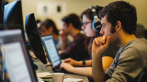 Focused college student working on university project in computer lab