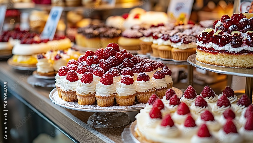 A variety of beautiful cakes and pastries displayed on the counter in an bakery, with red berries on top. A variety of beautiful cakes and pastries displayed on the counter in an bakery, with red berries on top.