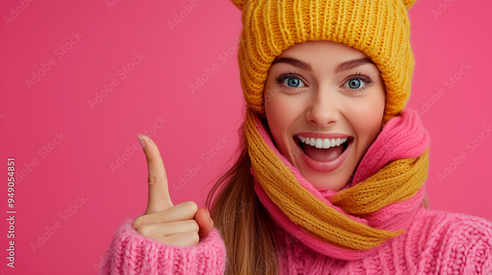 happy smiling woman pointing finger up against pink wall happy smiling woman pointing finger up against pink wall