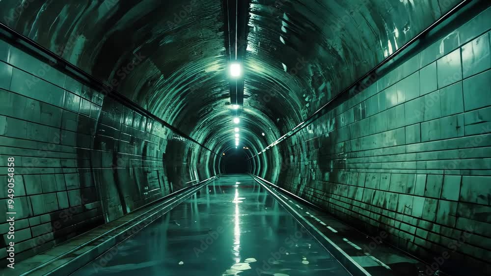 Moody underground tunnel with reflective water and bright lights, mysterious ambiance. Urban exploration and adventure concept. Moody underground tunnel with reflective water and bright lights, mysterious ambiance. Urban exploration and adventure concept.