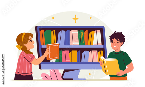 Online library concept. Boy and girl with books near computer monitor. Love for reading and literature. Little children read fairy tales. Flat vector illustration isolated on white background