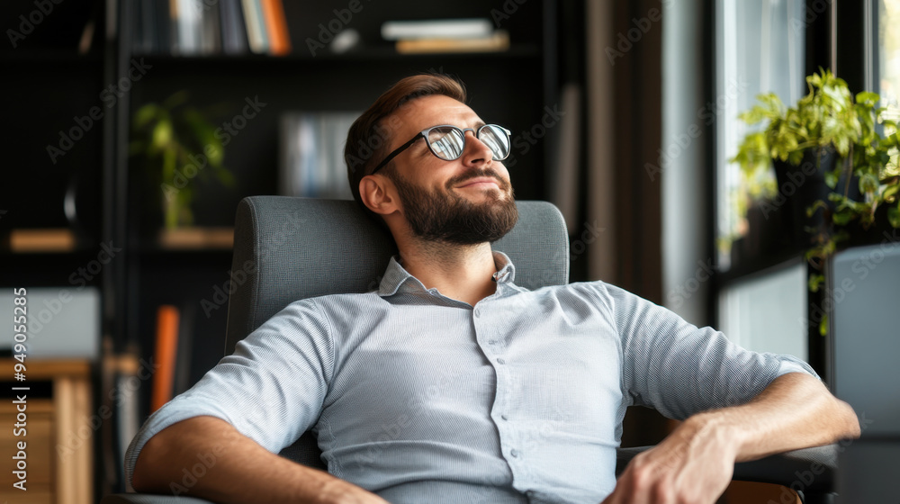 Bearded man with glasses leaning back in a chair, enjoying a peaceful moment of relaxation in a home office setting. Bearded man with glasses leaning back in a chair, enjoying a peaceful moment of relaxation in a home office setting.