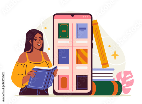 Online library concept. Woman with books near smartphone screen. Love for reading and literature. Remote education, training and learning. Flat vector illustration isolated on white background